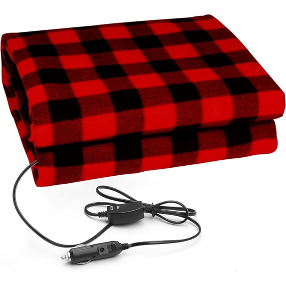 Heated Car Blanket - 12 Volt Travel Electric Blanket for Car, Truck, SUV, RV - Great for Cold Weather, Camping - 59" L x 43” W (Black/Red Plaid)