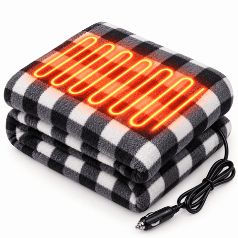 Eltruqan 12V Heated Car Blanket, Portable Electric Travel Throw for Car, Truck, SUV and RV, Road Trips and Camping, Black Plaid