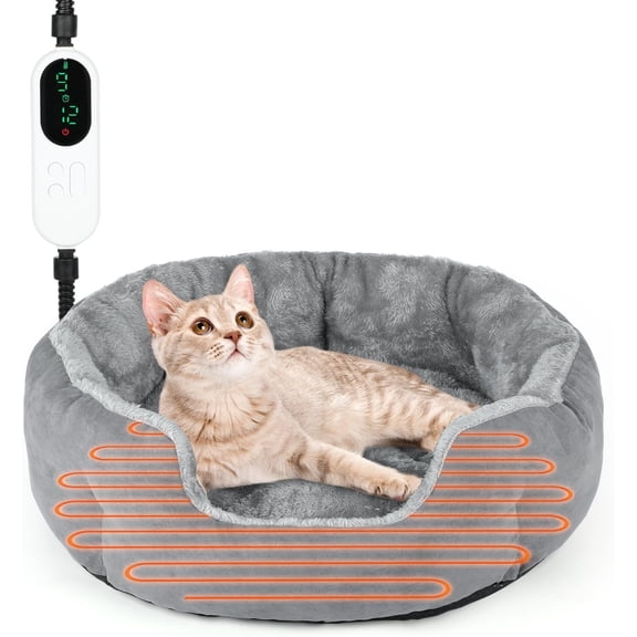 Heated Cat Bed Indoor, 18.5" Soft Heated Pet Bed for Indoor Cats with Timer and Temp Adjustable, Warming Cat Bed Heating Pad for Small to Large Cats Kitten