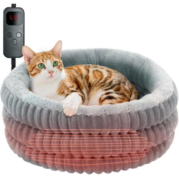 Heated Cat Bed Indoor, 20" Round Donut Deep Sleep Calming Heated Pet Beds for Cats and Small Dogs, Comfort Electric Thermal Cat Warming Bed with Adjustable Heating Pad, Washable and Indoor Use