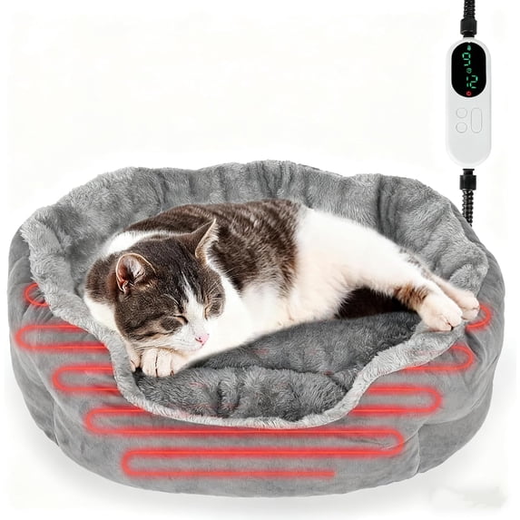 Heated Cat Bed for Indoor Cats, Adjustable Temperature Thermo Round Cat ... - Portable Electric Heated Cat Beds For Small Spaces