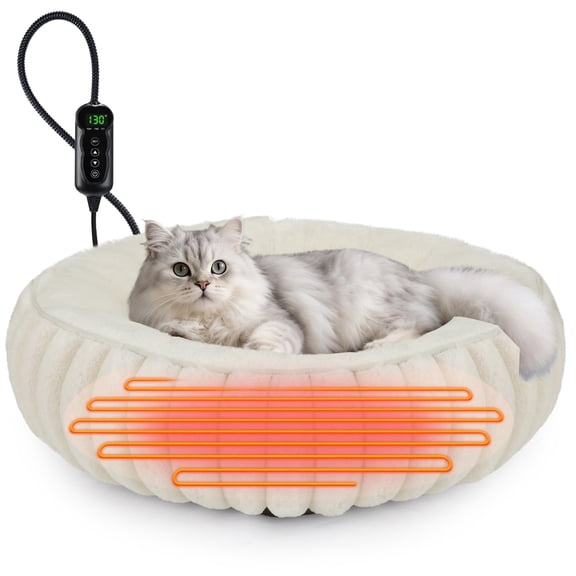 Waterproof Heated Cat Bed for Indoor Cats and Small Dogs, 20in Donut Heated Pet Bed with Removable Cover, Electric Warming Bed for Pets with Timer and Temp Adjustable, Cozy Plush, Off-white