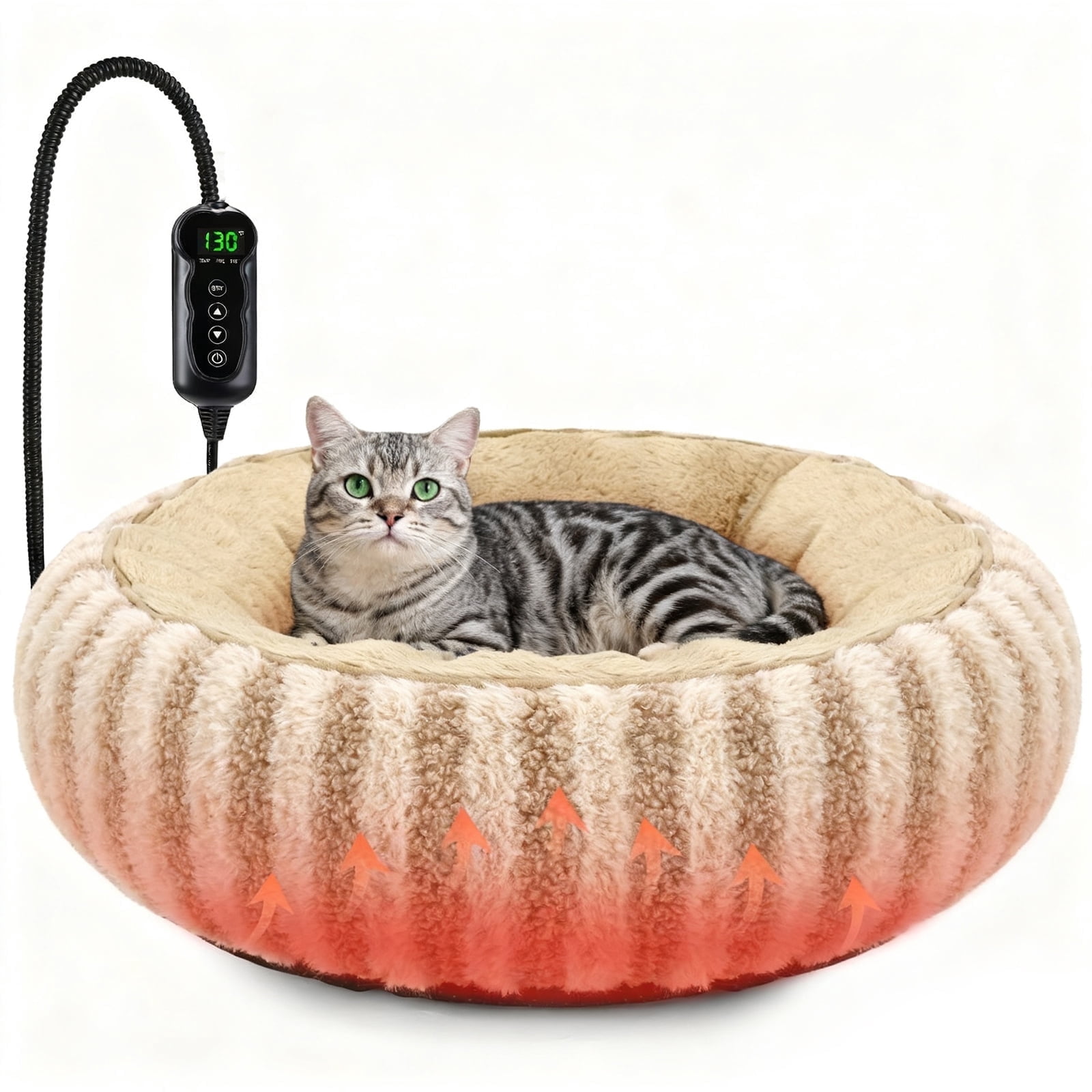 Heated Cat Bed Indoor for Cats and Small Dogs, 20in Donut Heating Pet Bed with Timer and Temperature Control, Waterproof Ultra Soft Cozy Washable Warming Bed, Brown