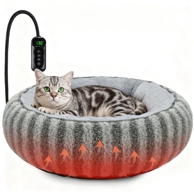 Heated Cat Bed Indoor for Cats and Small Dogs, 20in Donut Heating Pet ...
