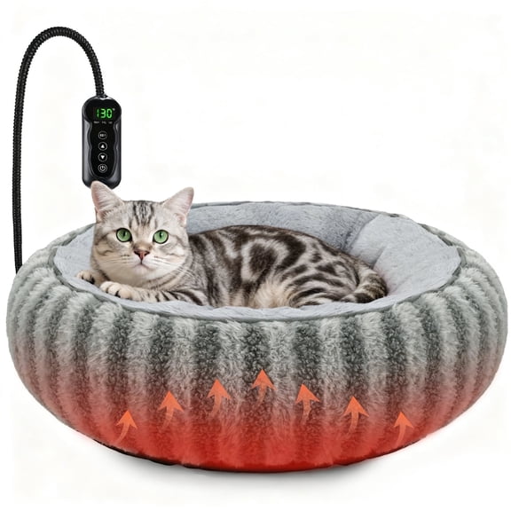 Heated Cat Bed Indoor for Cats and Small Dogs, 20in Donut Heating Pet Bed with Timer and Temperature Control, Waterproof Ultra Soft Cozy Washable Warming Bed, Gray