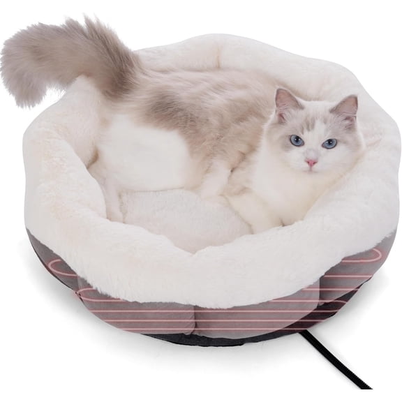 Heated Cat Bed for Indoor, Plush Round Winter Warm Pets Heating Bed with Insertable Heated Pad | Soft Velvet & Cotton Thermal Heating Bed | Washable Cover & Overheat Protection (20 Inches)