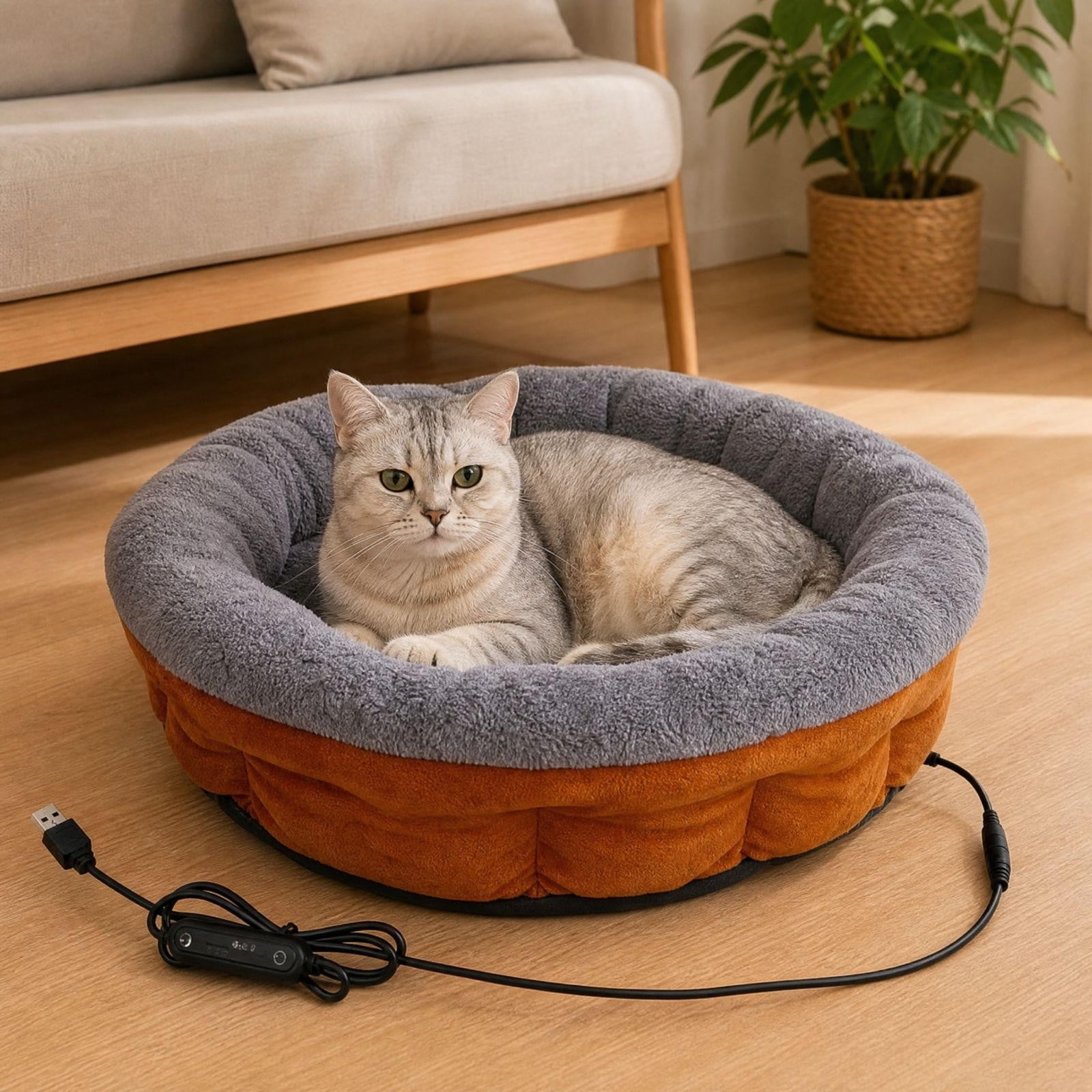 Heated Cat Bed for Indoor Cats, 19.6inch Washable Heated Pet Bed, USB ...