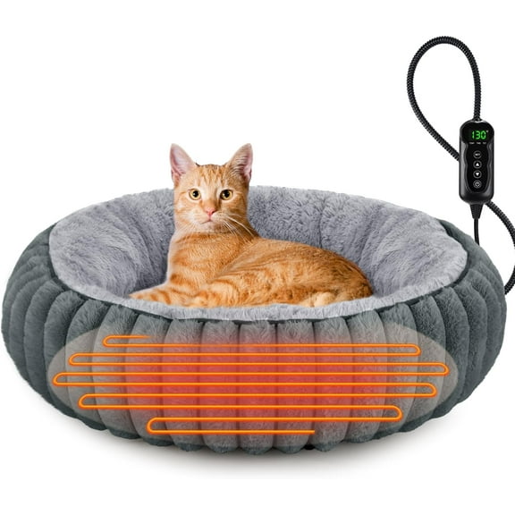 Heated Cat Beds for Indoor Cats and Small Dogs, 20" Cozy Donut Heated Pet Bed with Timer & Temp Adjustable, Removable Waterproof Electric Warming Bed for Indoor Cat