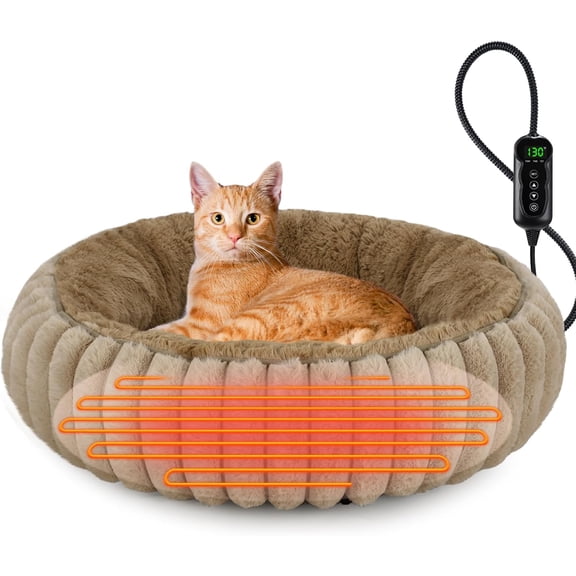 Heated Cat Beds for Indoor Cats and Small Dogs, 20" Cozy Donut Heated Pet Bed with Timer & Temp Adjustable, Removable Waterproof Electric Warming Bed for Indoor Cat