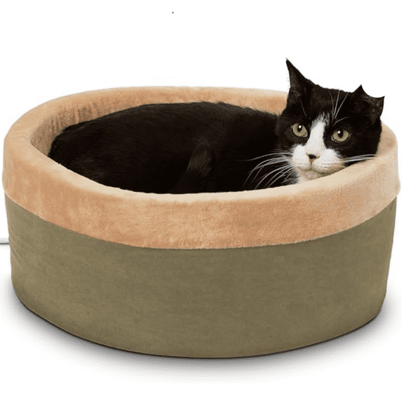Heated Cat Beds for Indoor Cats & Dogs, Calming Warming Pillow Pet Bed, hine Washable, Removable Heater, Safety Listed - Small 16" Round Sage/Tan