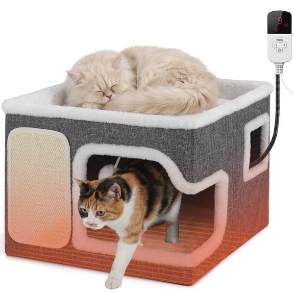 Heated Cat Beds for Indoor Cats, Large Cat Cave with Cozy Hideout, Scratch Pad, Fluffy Ball Hanging,Foldable Pet Cat Cube House