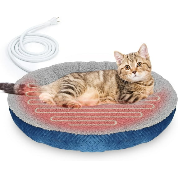 Heated Cat Beds for Indoor Cats Warming Cat Beds Super Soft Machine Washable Thermo Kitty Electric Heating Bed 19 Inches Round