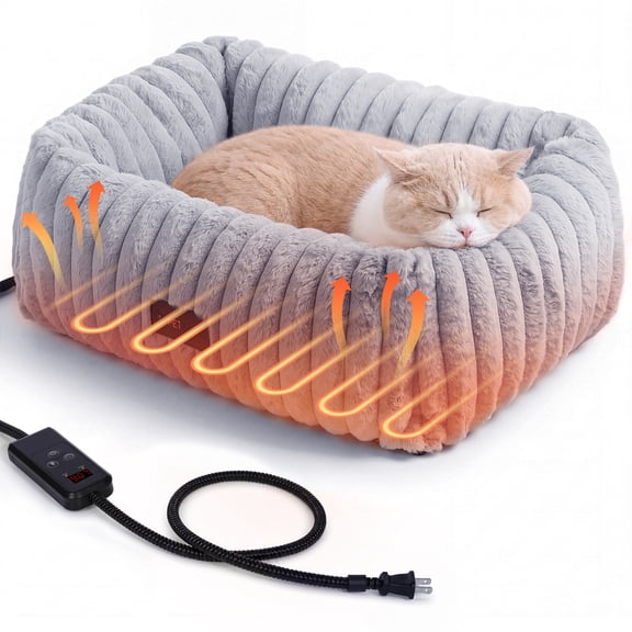 Heated Cat Bed Indoor, DOMIPET Pet Bed with 6 Temperature & 5 Timer Settings, Fluffy Cat Couch with Removable Machine-Washable Cover for Dogs Kitten Puppy in Winter, 21.7"x14.2"x7.9", Gray