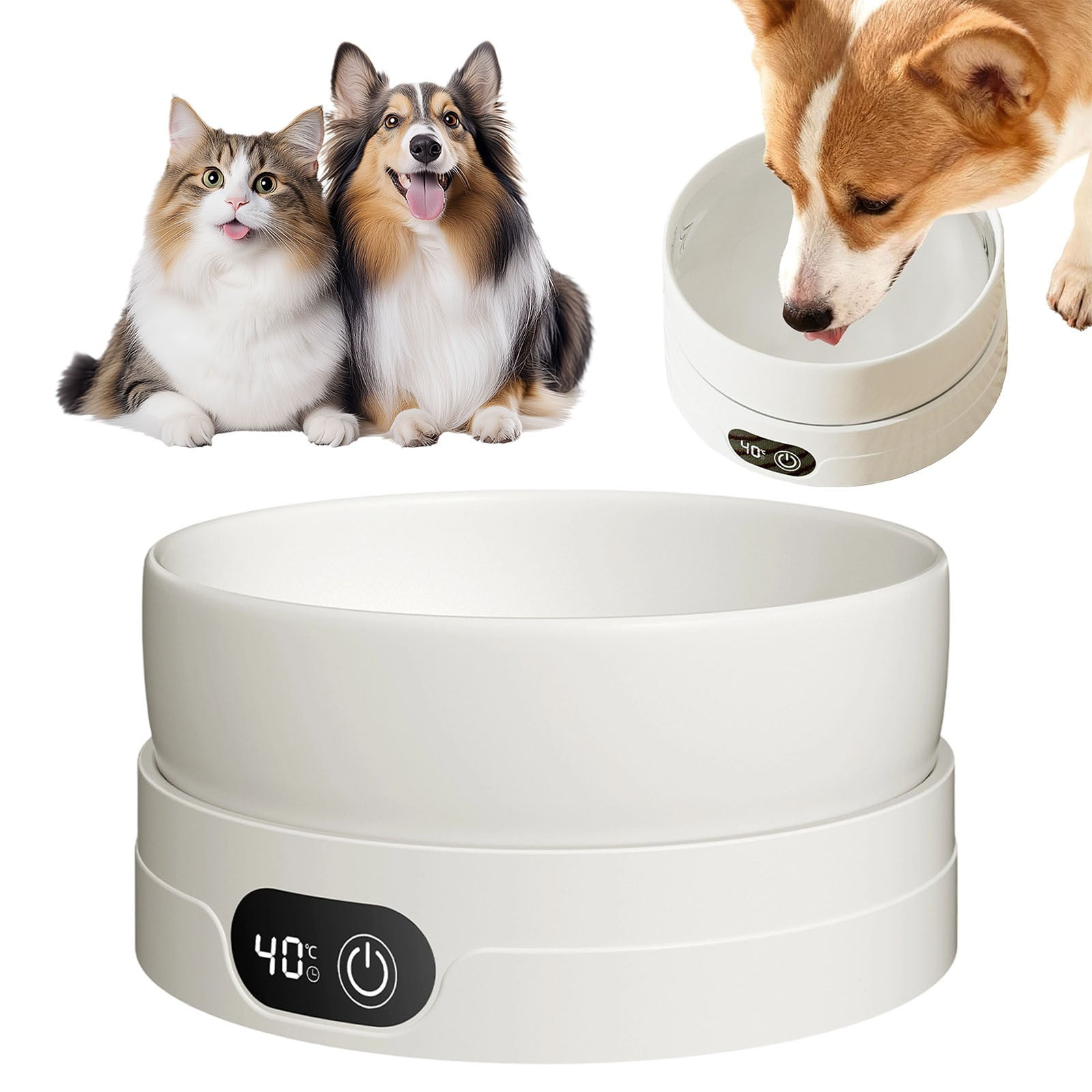 Heated Cat Bowl, 4 Temperature Levels, Automatic Pet Drinking Bowl, Outdoor Heated Bowl for Cats and Dogs, Suitable for Chickens, Ducks, Birds, Animals, Kittens, Puppies, White