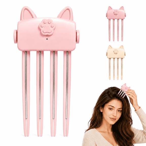 Heated Cat-Ear Volumizing Clip, Cordless Root Lifter Comb for Fine Flat Hair, 2 Heat Settings Natural Fluffy Lifter Anti Flat Hair Tool for Women Daily Travel Easy Styling,Pink