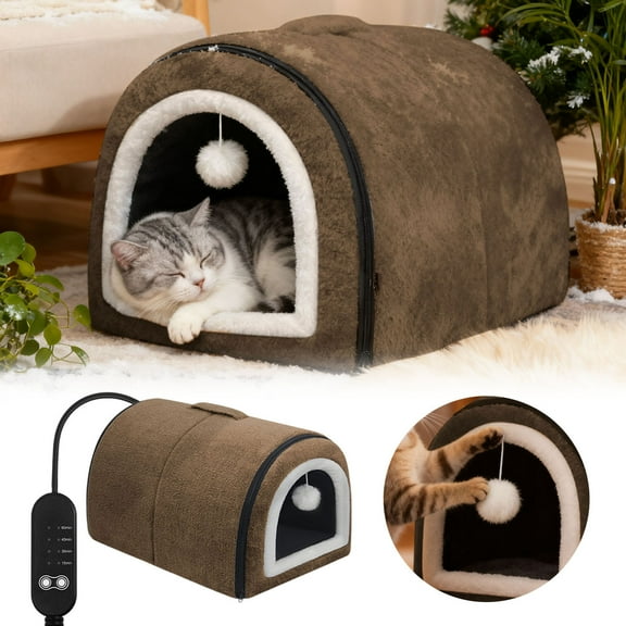 Heated Cat House With Curved Roof Large Cave Style Cats Bed With Adjustable Temperature And Timer For Cat And Small Dog Removable Semi-Enclosed Nest(Brown M-35X27X25cm)