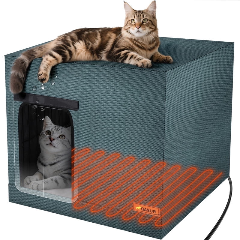 Furlove Heated Cat House for Outdoor Cats in Winter, Large Insulated and Waterproof Feral Cat Shelter with Heating Pad, Highly Elevated Base for Stray and Barn Cats