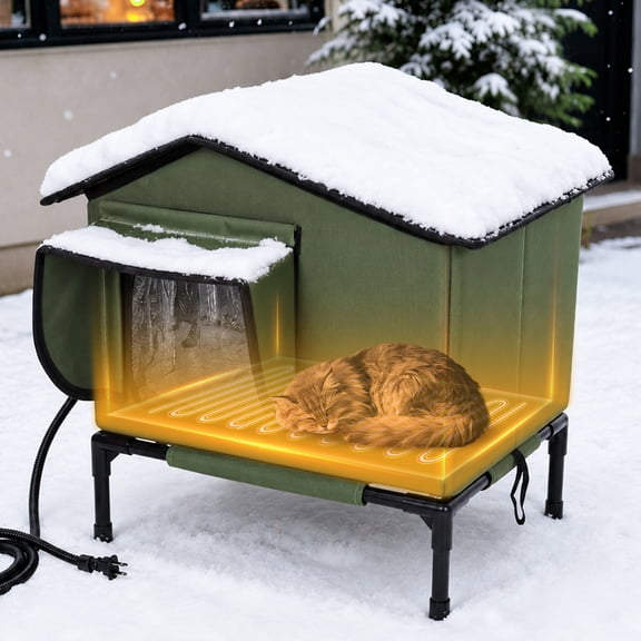Heated Cat House Outdoor, DOMIPET Waterproof Insulated Winter Cat Shelter with Removable Heating Pad for Multiple Cats Small Animals, Elevated Base, Escape Door & Roof Window