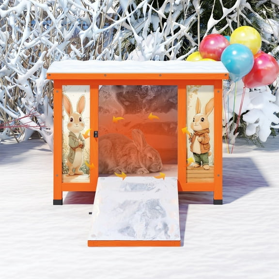 24'' Heated Small Rabbit Hutch for Winter, Cat House Outdoor Indoor with Warm Liner, Waterproof Structure, Suitable for Cats, Rabbits, Small Pets (Orange)