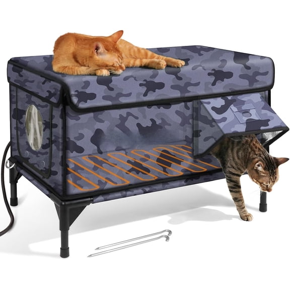 Heated Cat House for Outside, Insulated Weatherproof Heated Outdoor Cat House with Waterproof Eaves & Escape Door, Elevated Outdoor Cat Shelter for Feral Stray Cat (Black Camo, 16.5"x12.6"x16.9")
