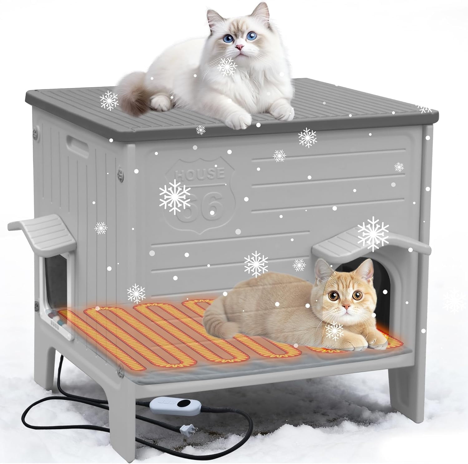 Heated Cat House for Outside in Winter, 100% Waterproof & Insulated Heated Cat House for Outdoor Cats with Heating Pad, Elevated Outdoor Cat House Safe Escape Door