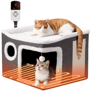 Heated Cat House, DOMIPET Foldable Cat Bed Cave with Scratch Pad and Fluffy Ball for Multi Small Pet, Adjustable Temperature Cat Heating Bed with Timer, Cat Hideaway with Heating Pad
