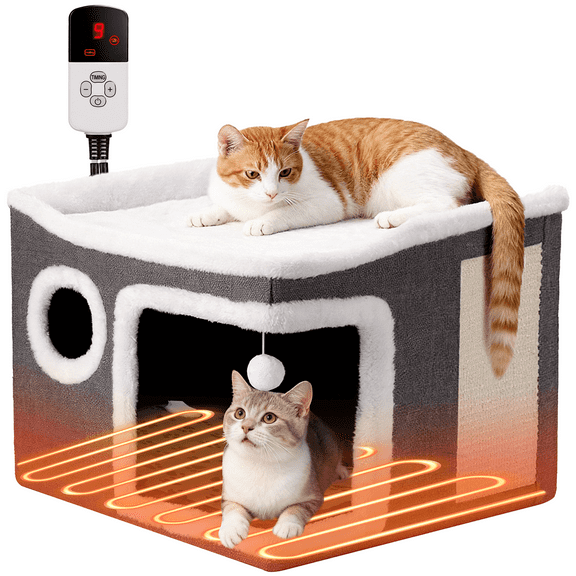 Heated Cat House, DOMIPET Foldable Cat Bed Cave with Scratch Pad and Fluffy Ball for Multi Small Pet, Adjustable Temperature Cat Heating Bed with Timer, Cat Hideaway with Heating Pad