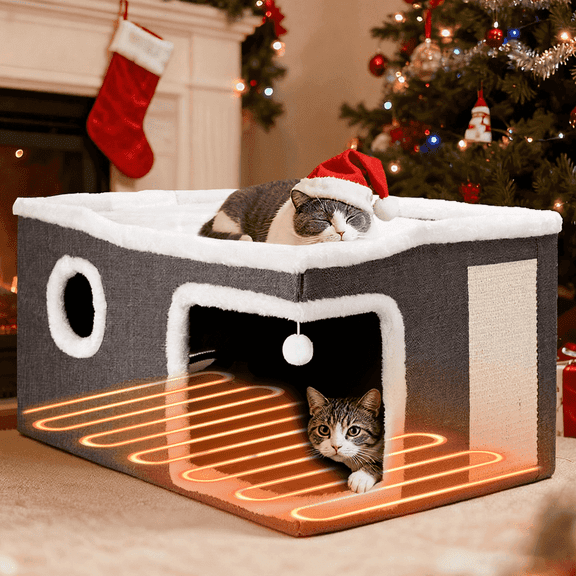 Heated Cat House for Indoor, DOMIPET Foldable Cat Bed Cave for Multi Small Pet, Adjustable Temperature Cat Heating Bed with Timer, Cat Hideaway with Heating Pad, 24"W x 17"D x 12.2"H