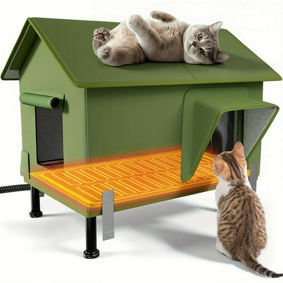 Heated Cat House for Iron pipe style, Extremely Insulated Outdoor Cat House Escape Door, Awning, Elevated Feral Animal Shelter for Winter