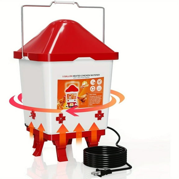 5 Gallon Heated Poultry Waterer with 6 Legs & 4 Horizontal Nipples - Hanging Design, All-Season Use for Chickens, Ducks, Geese, Turkeys