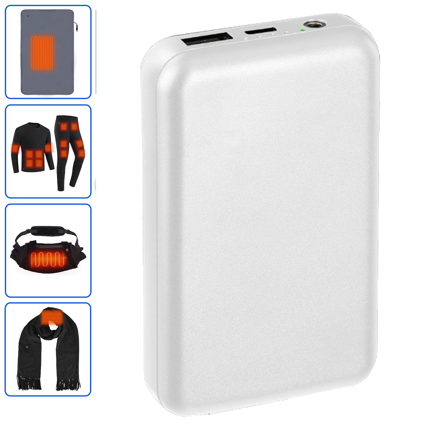 Heated Clothing Replacement Battery Pack 10000mAh Power Bank with 5V/2A USB Port DC 12V/2A Port for Smartphone Heated Vest Jacket White