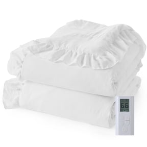 Heated Comforter Blanket Queen Size, Ruffle Electric Quilt with Wireless LCD Controller, Fast Heating & Overheat Protection, ETL Certified, Machine Washable (White, Queen 90"x90")