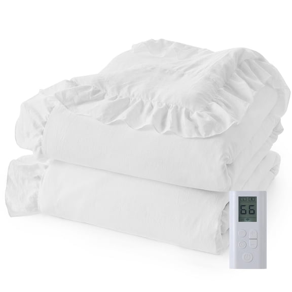 Heated Comforter Blanket Queen Size, Ruffle Electric Quilt with Wireless LCD Controller, Fast Heating & Overheat Protection, ETL Certified, Machine Washable (White, Queen 90"x90")