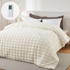 Heated Comforter Queen Size with Wireless Remote & Dual Zone Control, Luxury Faux Fur Electric Bedding Blanket, 6 Heat Levels & Auto Shut-Off, for Couples, Beige,90*90inch