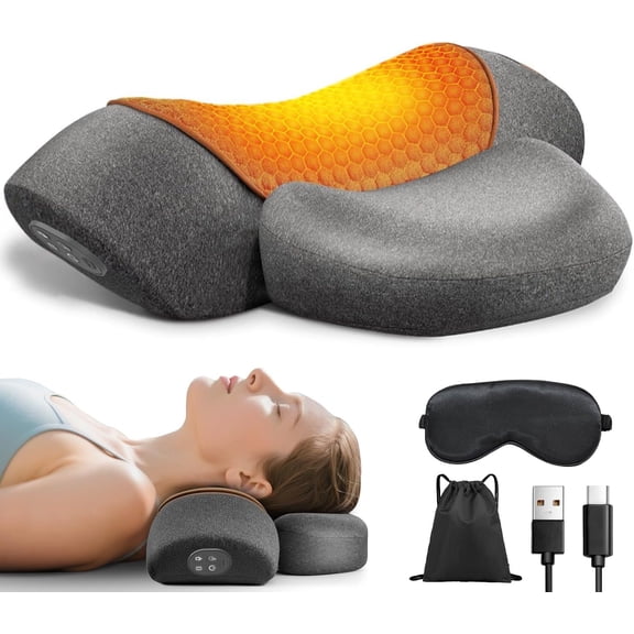 Heated Cordless Neck Massager Pillow for Pain Relief, 3-in-1 Rechargeable Cervical Traction with Deep Tissue Massage, Electric Stretch and Heat, Ergonomic Shoulder Relaxer, Grey
