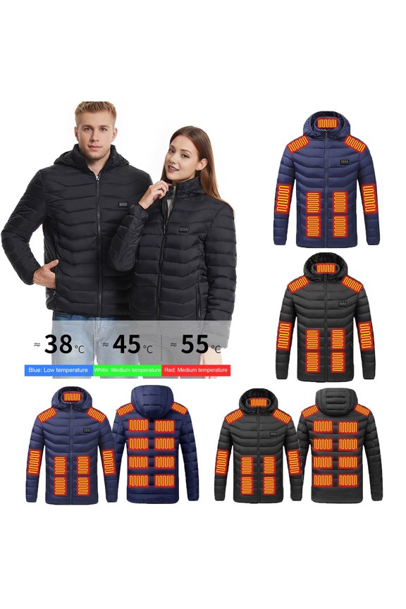 Heated Cotton Coat Hooded Long Sleeve Zipper Placket Jacket 19 Zone Hot Spots Hand Washable USB Powered Outerwear