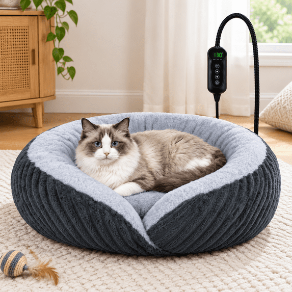 Heated Donut Pet Bed for Indoor Cats and Small Dogs, Grey, M (24