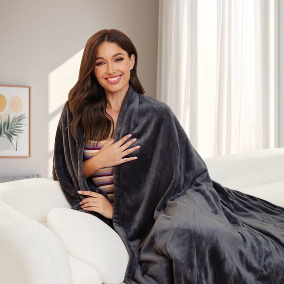SUNNY HEAT Heated Electric Blanket 50'' x 60'', Throw Size Flannel Material with 4 Heating Levels & 3H Auto off, Dark Grey