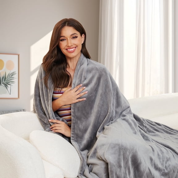 SUNNY HEAT Electric Blanket, Heated Throw 50'' x 60'', 4 Heating Levels, 3H Auto off, Flannel Material, Grey