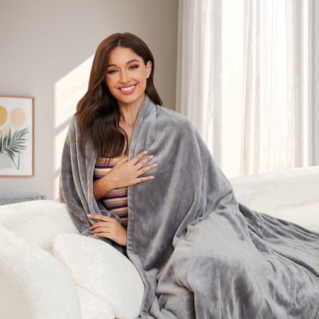 SUNNY HEAT Electric Blanket, Heated Throw 50'' x 60'', 4 Heating Levels, 3H Auto off, Flannel Material, Grey
