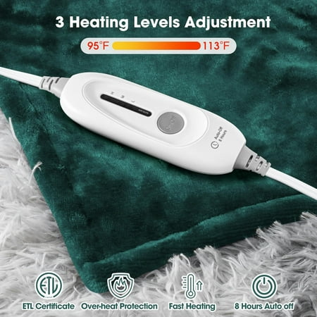 Heated Electric Blanket 72'' x 84'' Heated Blanket Full Size with 3 Heat Settings 8 Hours Auto Off, Machine Washable, Over-Heat Protection, ETL&FCC Certification, Green