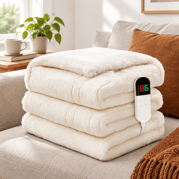 Heated Electric Blanket Faux Rabbit Plush Fast Heating With 8 Levels ...