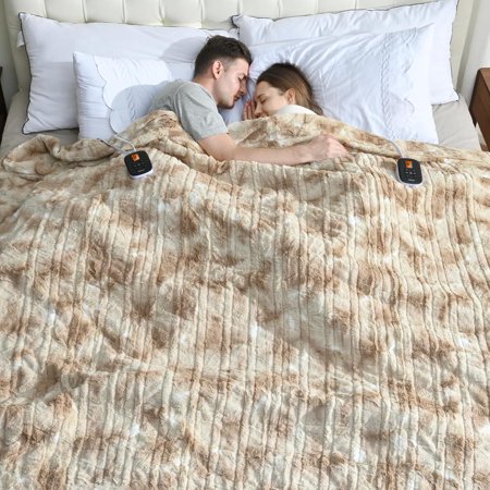 Heated Electric Blanket - Machine Washable Blanket with Time Settings Heat Settings King Size 100×90 inches, ETL Certified, Beige - Faux Fur