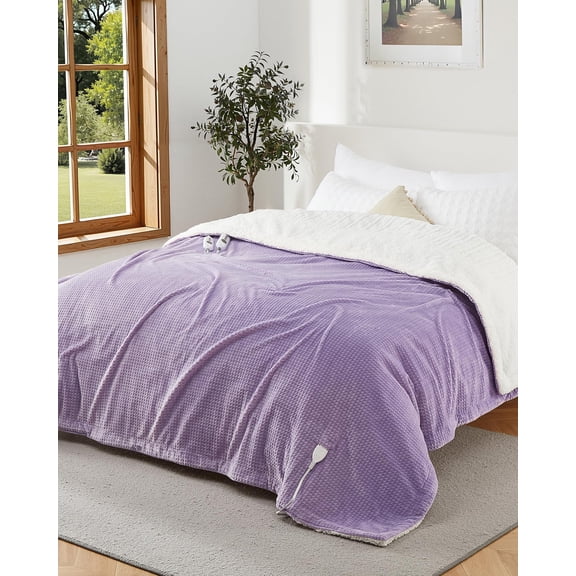 Heated Electric Blanket Queen Size with Dual Control, Waffle Fast Heating Blankets with ETL Certified, Soft Flannel Heat Blanket, 4 Heating Levels & 10 Hours Auto Off, Lavender Hue, 84" x 90"