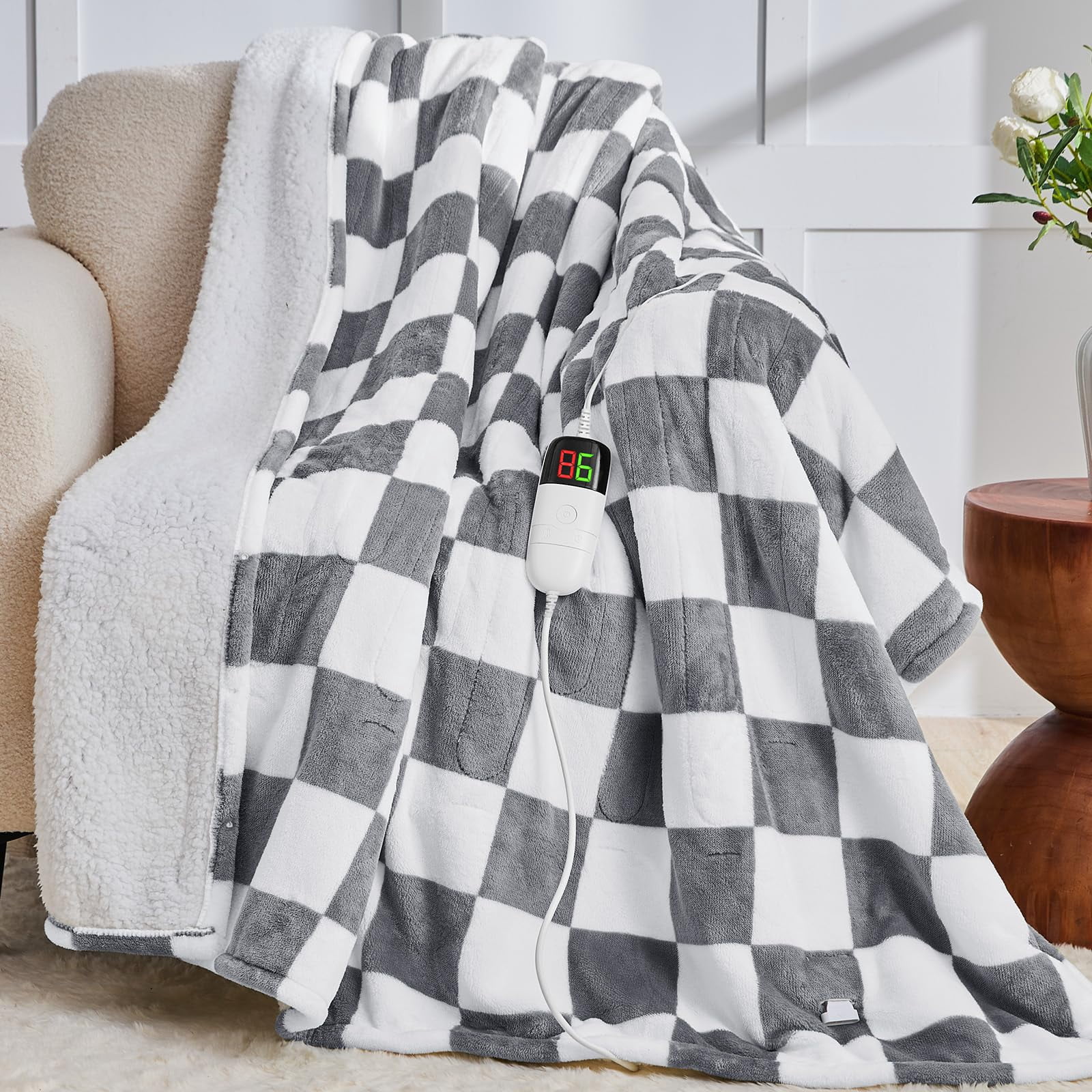 Heated Electric Blanket Throw  50x60 Heating With 10 Heat Level & 8 Hour Auto Off For Lap Light Gray Checkered Plaid Sherpa Blankets Warmer Gift Couch Grandma Women Adults Washable