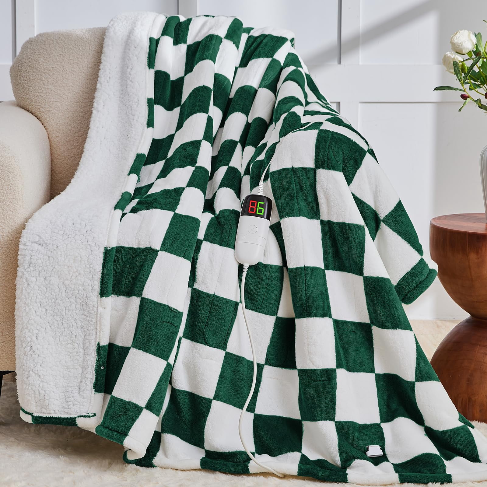Heated Electric Blanket Throw  50x60 Heating With 10 Heat Level & 8 Hours Auto Off For Lap Dark Green Checkered Plaid Soft Sherpa Blankets Mothers Day Gifts Mom Grandma Women Couch