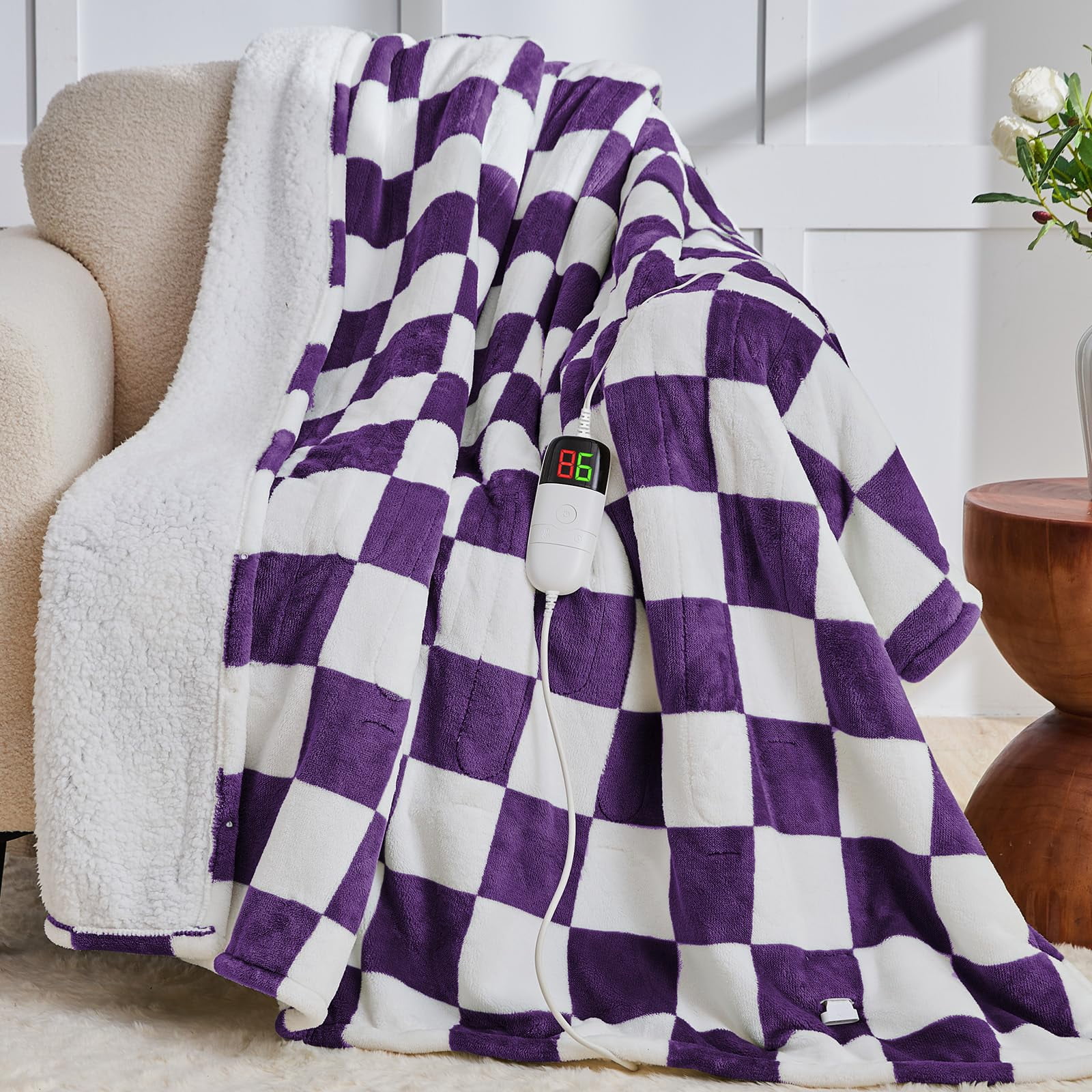 Heated Electric Blanket Throw  50x60 Heating With 10 Heat Level & 8 Hours Auto Off For Lap Deep Purple Checkered Plaid Soft Sherpa Blankets Mothers Day Gifts Mom Grandma Women Couch