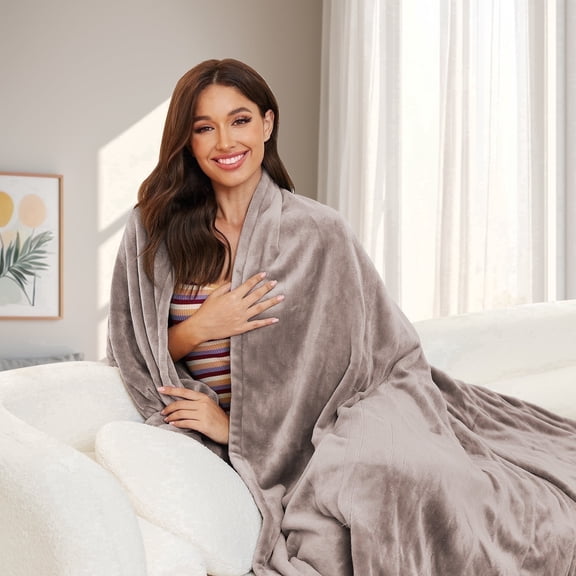 SUNNY HEAT Heated Electric Blanket Throw, 50''x60'', 4 Heating Levels, 3H Auto-Off, Super Soft Flannel, Linen