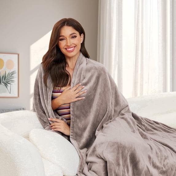 SUNNY HEAT Heated Electric Blanket Throw, 50''x60'', 4 Heating Levels, 3H Auto-Off, Super Soft Flannel, Linen