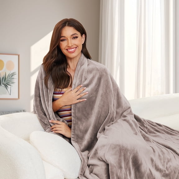 SUNNY HEAT Heated Electric Blanket Throw, 50''x60'', 4 Heating Levels, 3H Auto-Off, Super Soft Flannel, Linen